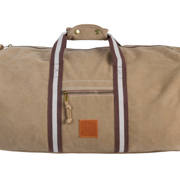 Canvas Barrel Bag - Sporttasche, 45 Liter, Duffel Bag Tasche mit Echt-Leder Veredelung (Manufaktur13) (Sand)