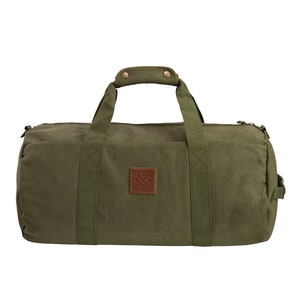 Canvas Barrel Bag - Sporttasche, 24 Liter, Duffel Bag Umhängetasche/Seesack aus mit Echt-Leder Veredelung (Olive)