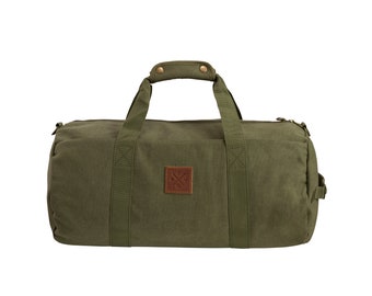 Canvas Barrel Bag - Sporttasche, 24 Liter, Duffel Bag Umhängetasche/Seesack aus mit Echt-Leder Veredelung (Olive)