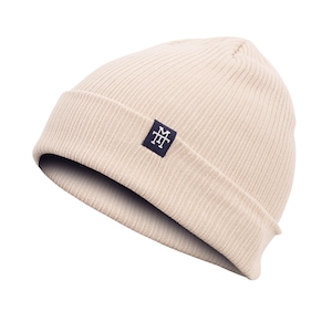 M13 Double Sided Cotton Beanie - 2-in-1 Slouch/Cuffed Cotton Beanie Hat, Knitted Hat with Embroidery Finishing 100% Organic Cotton(Beige)