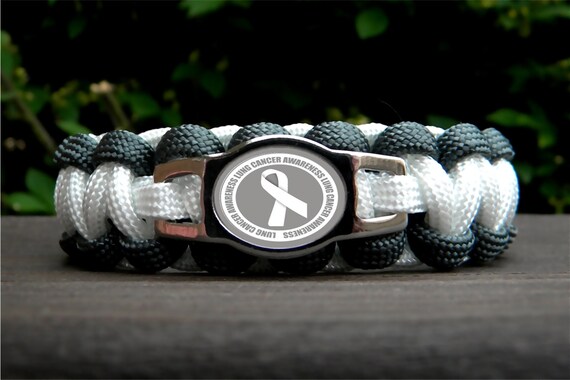 Lung Cancer Awareness White Ribbon Emblem White w/ Black Line Paracord Bracelet Lung Cancer Awareness White Ribbon Emblem White w/ Black Line Paracord Bracelet