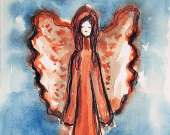 Guardian Angel Painting on Paper, Original Ink and Watercolor Painting, Small Paintings, Angel Art, Gift for girls, Baby shower gift