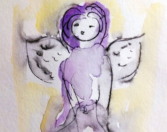 Watercolor and ink Angel Painting Art Print, Spiritual Art