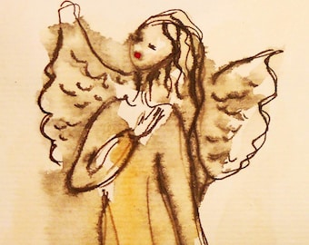 Original Small Watercolor Angel Painting Guardian Angel Spiritual art Gift for her