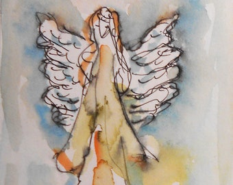 Angel Painting on paper, Mini original Watercolor and ink pen, Guardian Angel, Girlfriend Gift, Angel Art, Spiritual art, Birthday gift