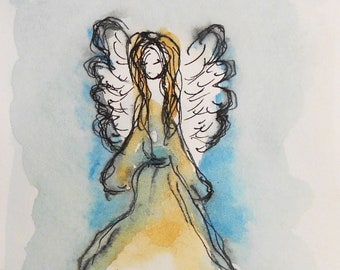 Angel Painting, Original Watercolor and ink pen Painting, Guardian Angel, Small Paintings, Mini Angel Art, Spiritual art