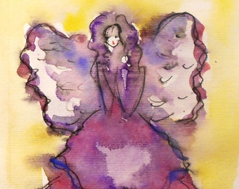 Original Watercolor Guardian Angel Painting Small Angel Spiritual art