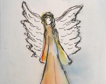 Original Watercolor Guardian Angel Painting Angel Spiritual Art Gift Idea