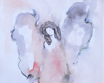 Original Angel Watercolor Painting, Spiritual Art (8.2x12.2)