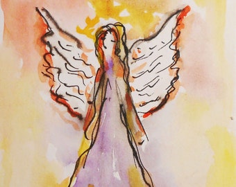May include: Watercolor painting of an angel with outstretched wings. The angel is depicted in a flowing gown with a halo. The color palette includes shades of yellow, orange, and purple, with black outlines.