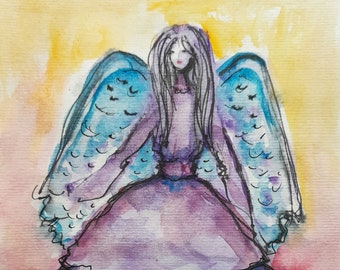 Original Angel Watercolor Painting Guardian Angel Small  Angel Art Gift for Her Birthday