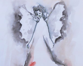 Angel Painting on Paper, Original Watercolor Painting, Guardian Angel, Angel Art, Spiritual Painting, Gift for her, Gift for Mom