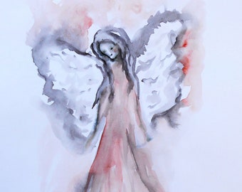 Original Angel Painting on Paper, Watercolor Painting, Guardian Angel, Angel Art, Spiritual Painting, Gift for her, Gift for Mom