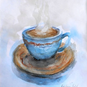 Blue Coffee cup Painting Instant Download, Watercolor cup, Printable art, Modern Painting, Contemporary Art, Illustration