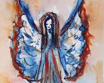 Guardian Angel Watercolor original Painting  Spiritual Angel Art