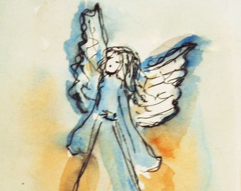 Angel Painting, Original Watercolor and ink pen, Painting, Guardian Angel, Small Paintings, Angel Art, Spiritual art