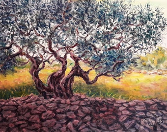 Olive tree original painting, Landscape painting , Acrylic painting, Rural landscape, Living room decor