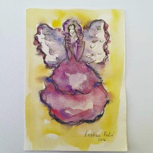 Original Watercolor Guardian Angel Painting Small Angel Spiritual art gift for girlfriend nusrsery decor wall art housewarming gift