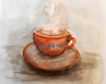 Coffee Cup Watercolor Painting, Kitchen Wall Art (Digital Download)