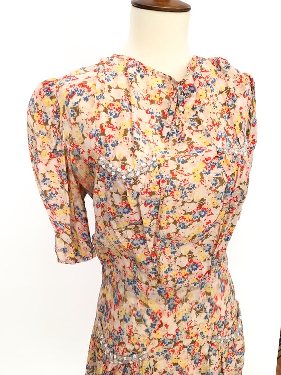 Vintage 1930's Chiffon Floral Beaded Day Dress