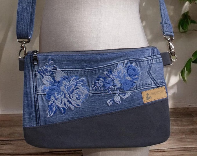 Denim Shoulder Bag - Blue Rose Floral Embroidered Crossbody Clutch with Cork Details, Casual Boho style / Carissa Clutch