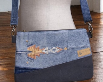 Denim Shoulder - Crossbody bag with Southwest Style Embroidery and Removable / Adjustable Strap, Upcycled, Casual Boho style