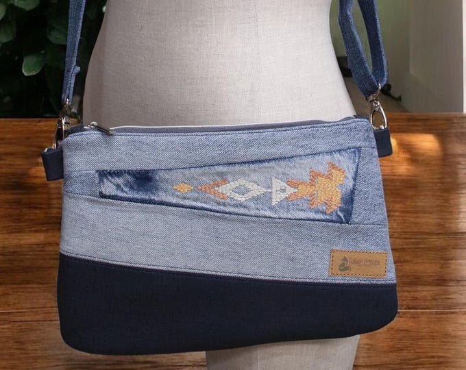 Denim Shoulder Bag with Southwest Style Embroidery -  Crossbody Clutch with Removable / Adjustable Strap, Upcycled, Casual Boho style