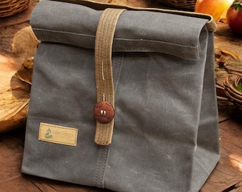 Waxed Canvas Lunch Bag, Reusable Lunch Tote, Reusable zero waste, Available in Insulated Lunch Bag or Non-Insulated, Made in USA, Charcoal