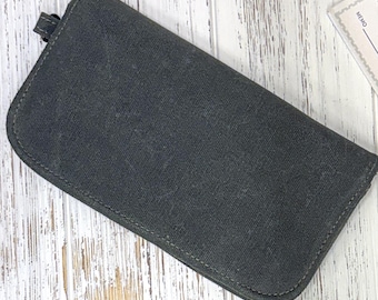 Long Waxed Canvas Bi-Fold Wallet – Olive Green | Durable minimalist Unisex Wallet w/ Zipper Pocket, D Ring, Card Slots
