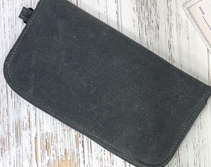 Long Waxed Canvas Bi-Fold Wallet – Olive Green | Durable minimalist Unisex Wallet w/ Zipper Pocket, D Ring, Card Slots