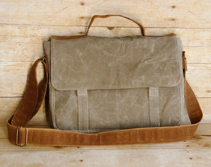 Crossbody waxed canvas messenger bag, minimalist, boho, vegan leather, Womens Workbag, Unisex computer bag for laptops, back to school