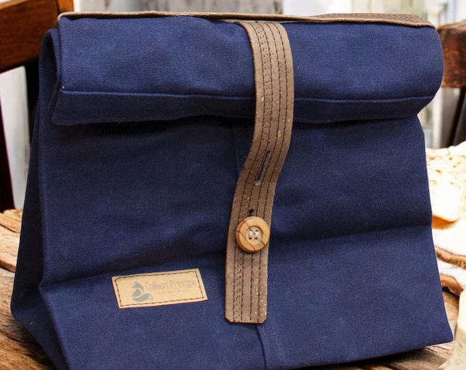 Waxed Canvas Lunch Bag, Reusable Lunch Tote, Reusable zero waste, Available in Insulated Lunch Bag or Non-Insulated, Madein USA, Navy Blue
