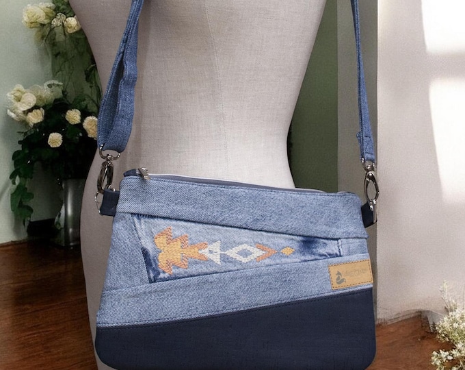 Denim Shoulder Bag with Southwest Style Embroidery -  Crossbody Clutch with Removable / Adjustable Strap, Upcycled, Casual Boho style