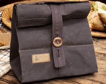 Waxed Canvas Lunch Bag, Reusable Lunch Tote, Reusable zero waste, Available in Insulated Lunch Bag or Non-Insulated, Made in USA, Dark Oak