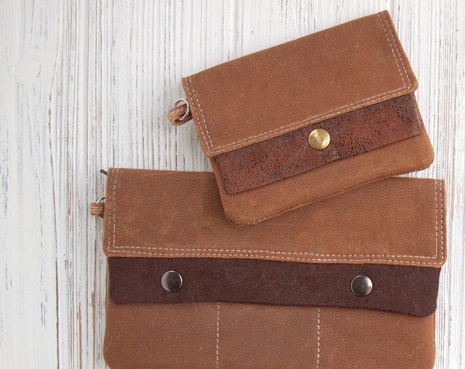 Waxed Canvas Wallet/Wristlet with Vegan Leather for ID, credit cards,license,& cash,checkbook cover,Modern Full-Size,Compact Minimalist