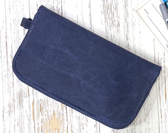Long Waxed Canvas Bi-Fold Wallet – Navy Blue | Durable minimalist Unisex Wallet w/ Zipper Pocket, D Ring, Card Slots