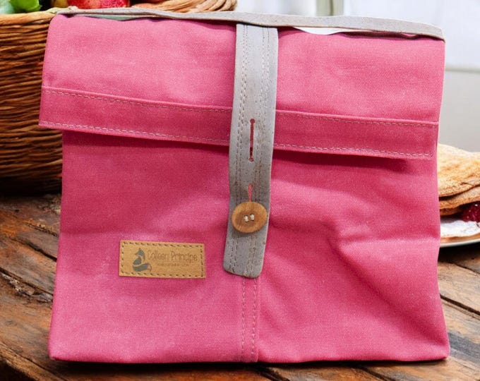 Waxed Canvas Lunch Bag, Reusable Lunch Tote, Reusable zero waste, Available Insulated Lunch Bag or Non-Insulated, Made in USA, Flamingo Pink