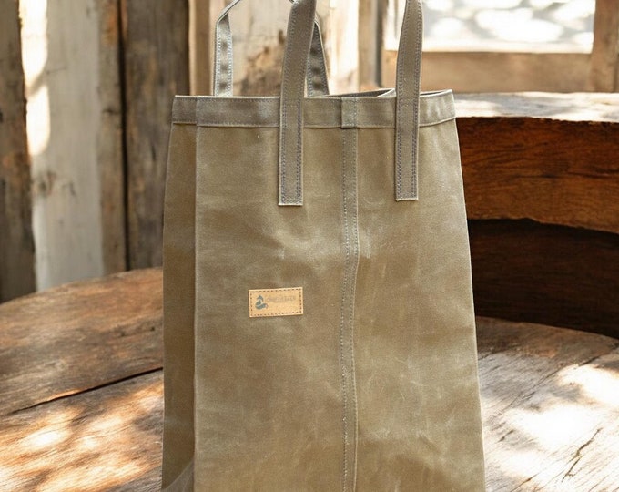 Khaki Waxed Canvas Market Bag, Reusable Grocery Bag, Shopping bag, Farmers Market bag, Reusable zero waste, Heavy Duty, Artisan Made in USA
