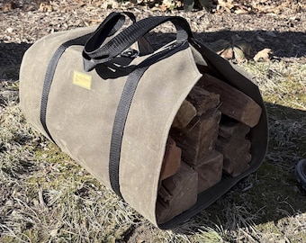 Waxed Canvas Log Carrier | Heavy Duty Firewood Sling | Bushcraft Wood Tote