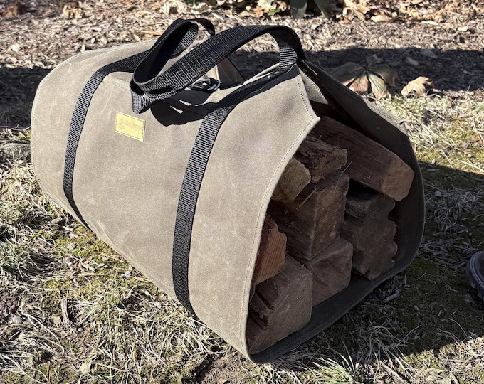 Waxed Canvas Log Carrier | Heavy Duty Firewood Sling | Bushcraft Wood Tote