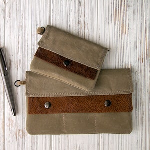 Waxed Canvas Wallet with Vegan Leather for ID, credit cards, license, & cash, checkbook cover, Modern Full-Size, Compact Minimalist, Khaki