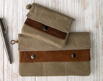 Waxed Canvas Wallet with Vegan Leather for ID, credit cards, license, & cash, checkbook cover, Modern Full-Size, Compact Minimalist, Khaki