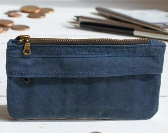 Waxed Canvas Wallet with Concealed Zip Pocket features Double Zippers & Interior Card Slots -  Sailor Blue Starlight Wallet