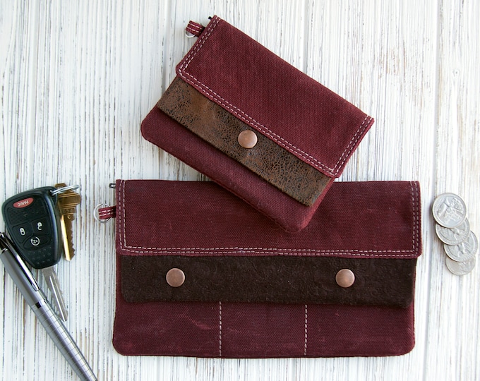 Waxed Canvas Wallet/Wristlet with Vegan Leather for ID,credit cards,license, cash,checkbook,Modern Full-Size,Compact Minimalist,Burgundy Red