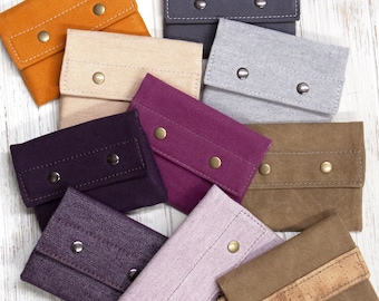 Minimalist Wallet, Canvas Card Wallet with Snap Closure - Optional Side Tab with D-Ring Attachment for Wristlet/Keys