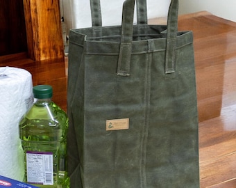Olive Green Waxed Canvas Market Bag,Reusable Grocery Shopping bag, Farmers Market, zero waste, Heavy Duty, Artisan Made in USA