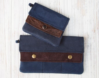 Navy Waxed Canvas Wallet/Wristlet with Vegan Leather for ID, credit cards, license, & cash, checkbook, Modern Full-Size, Compact Minimalist