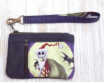 Small wallet/wristlet with removable wrist strap, waxed canvas/vegan clutch, Jack Skellington from Nightmare Before Christmas, Zippy Clutch