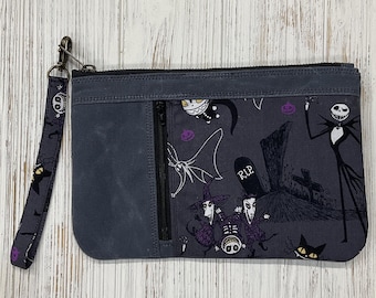 Large clutch with removable wrist strap, Waxed canvas/vegan clutch, Minimalist, Jack Skellington Nightmare Before Christmas, Zippy Clutch