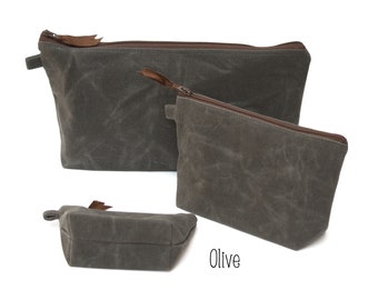 Utility pouch set olive, Waxed canvas pouch with nylon zipper, minimalist style travel pouch, Large utility pouch, canvas zip clutch bag